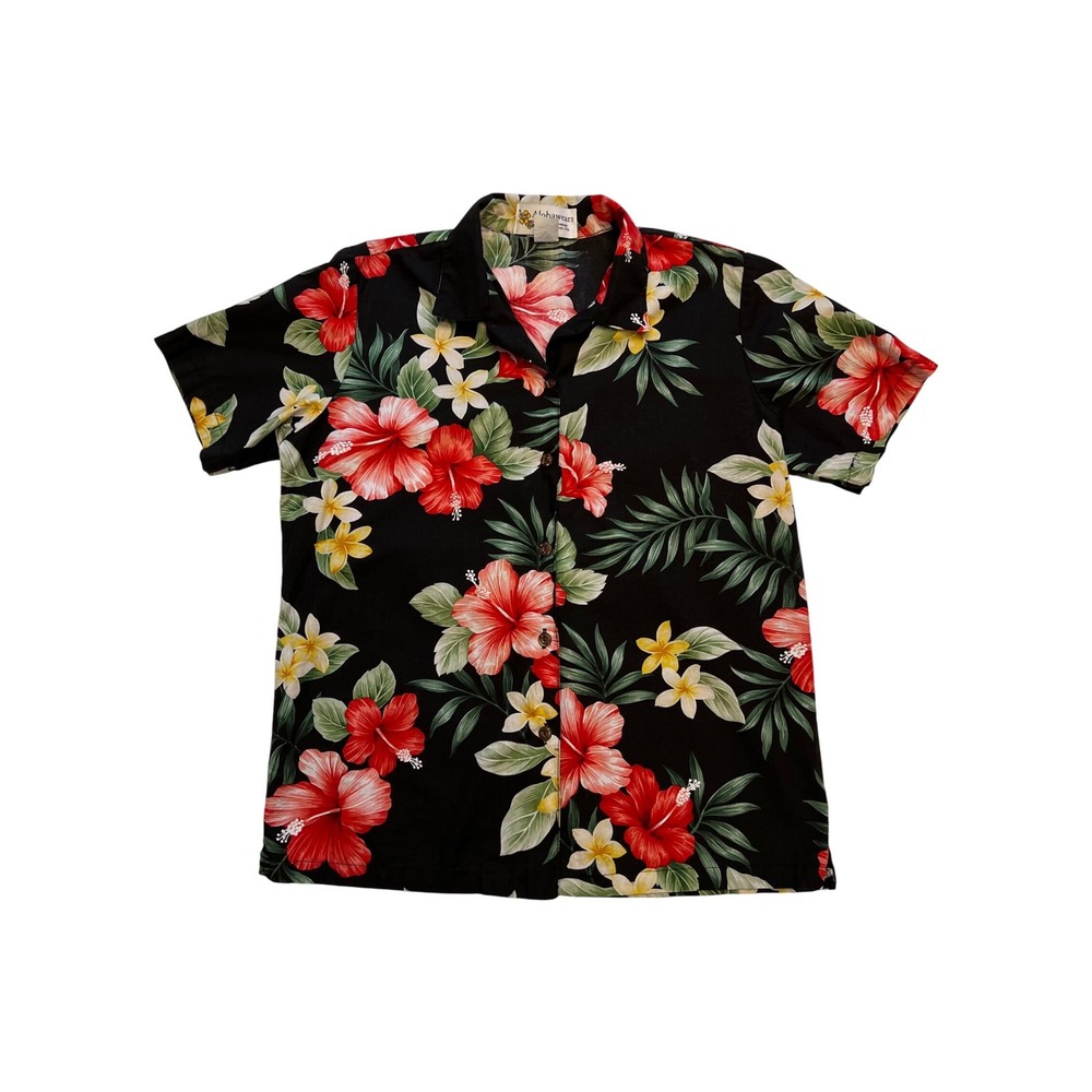 Alohawears Black Red Hibiscus Floral Cotton Made in Hawaii Hawaiian Shirt Size S